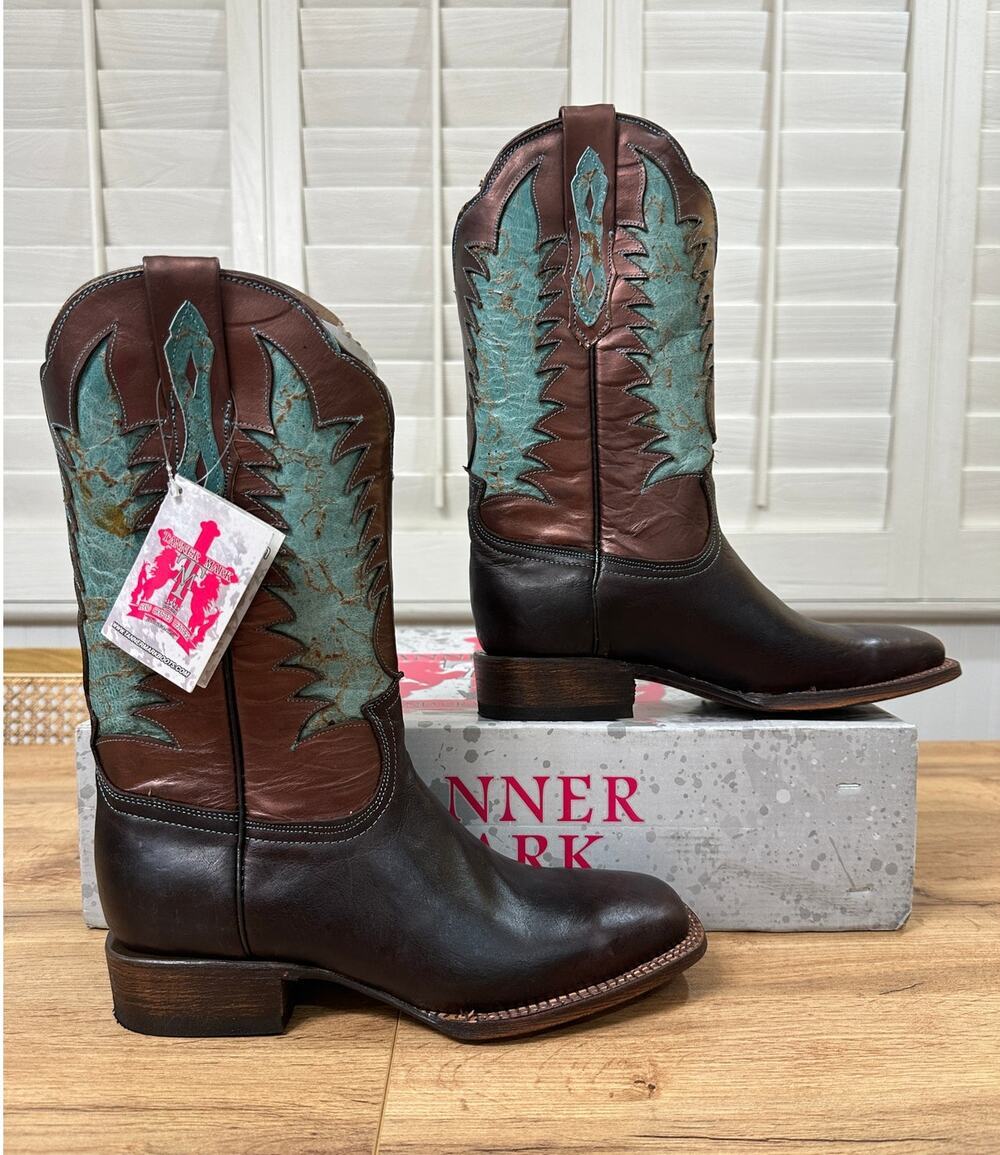 Tanner Mark Men's Cowboy Boots Brown Bronze Teal Leather Size 9 NIB Western